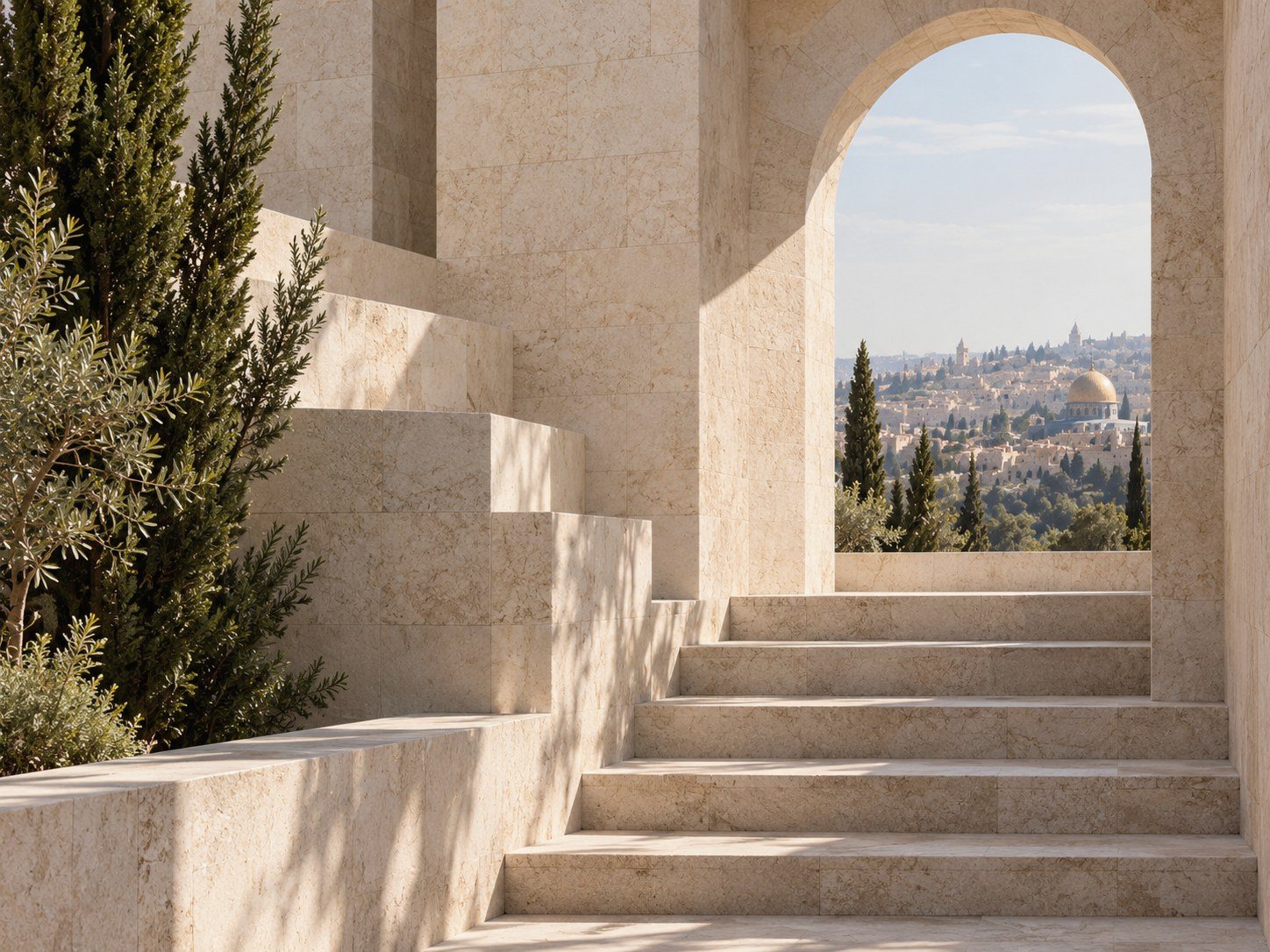 Stone steps and an arch opening to the Jerusalem skyline