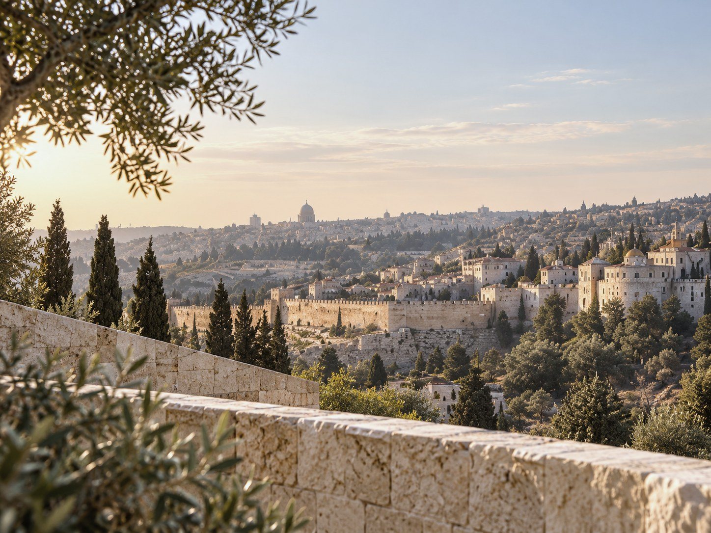 View over the Old City walls of Jerusalem from a stone terrace