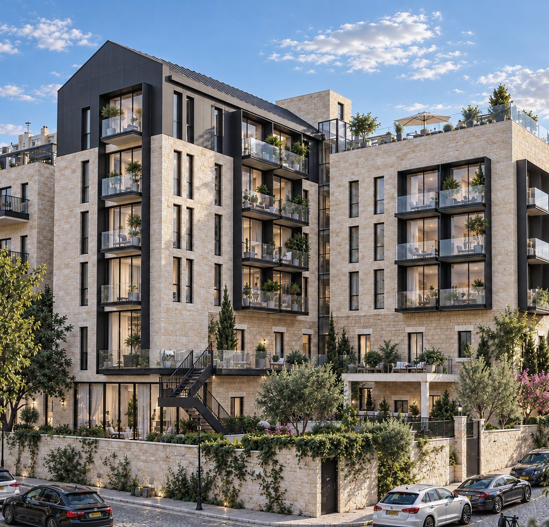 The Ascent exterior: Jerusalem stone, glass and dark metal