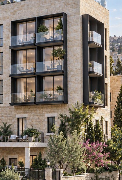 Facade detail: glazed balconies with planting in stone and dark metal