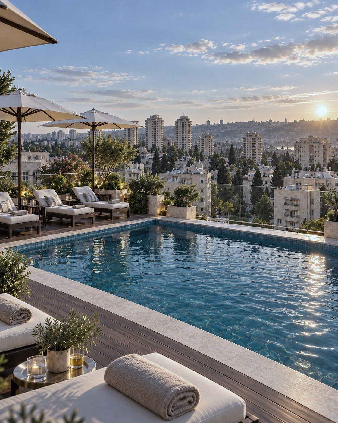 Rooftop pool and sun deck above the Jerusalem skyline